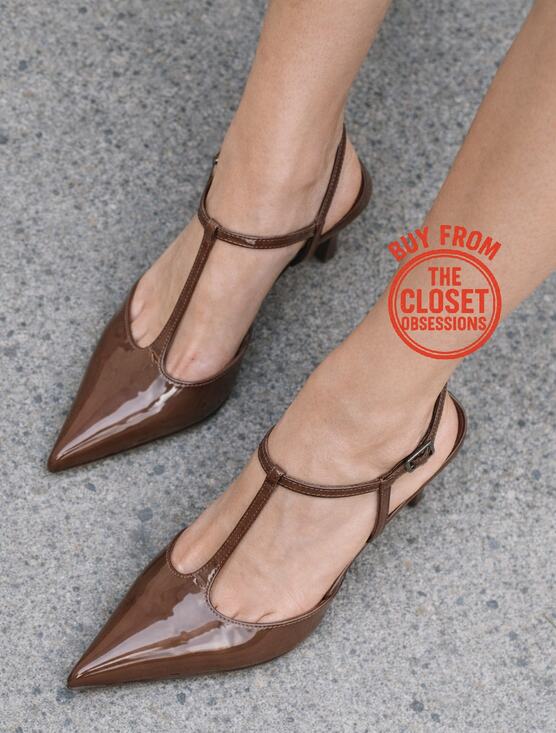 Zara Shoes - Zara NWT Brown Patent T Strap Slingback Pointed Toe Kitten Heels 9 10